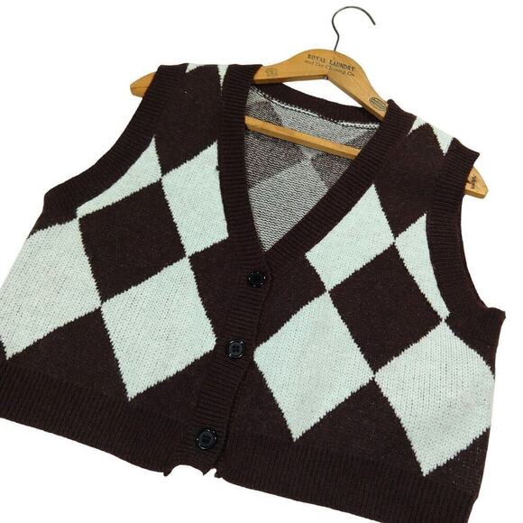 Vintage Y2K Cropped Sweater Vest Size M L Diamond Knit Mint Green Brown 2000s - Picture 2 of 3